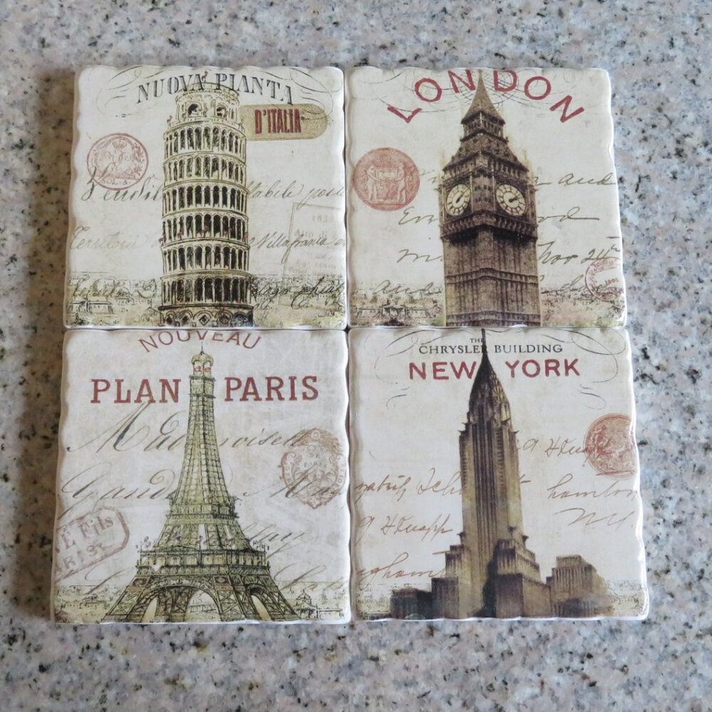 Pier 1 Imports Set of 4 Ceramic Coasters 4"x4" Cork Backing (K632)